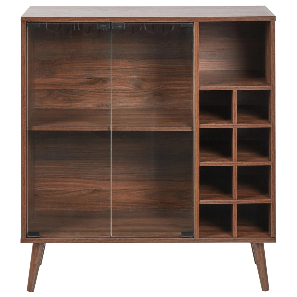 Credenza espositiva con 2 ante frontali in vetro con ripiani e portabottiglie legno scuro stile tradizionale elegante