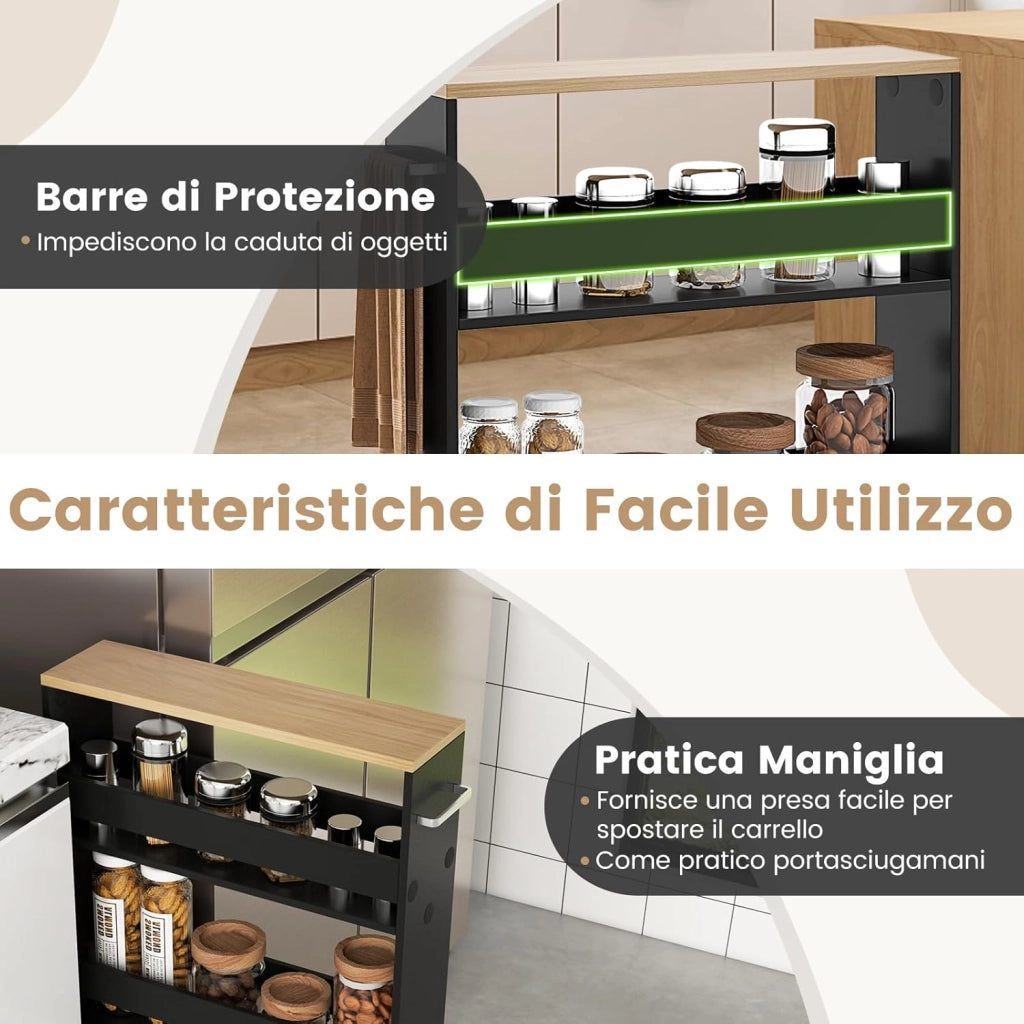 Carrello Portaoggetti da Cucina, Scaffale con Maniglia Laterale e Ruote, Carrello Salvaspazio con 3 Scaffali Stretti, 47,5x13x80,5 cm (Naturale+Nero)