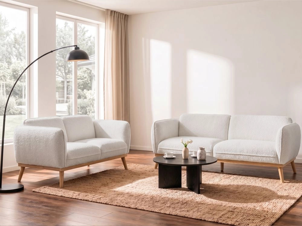Set da salotto in stile scandinavo con divani a 2 e 3 posti, gambe affusolate in legno e rivestimento in bouclé bianco