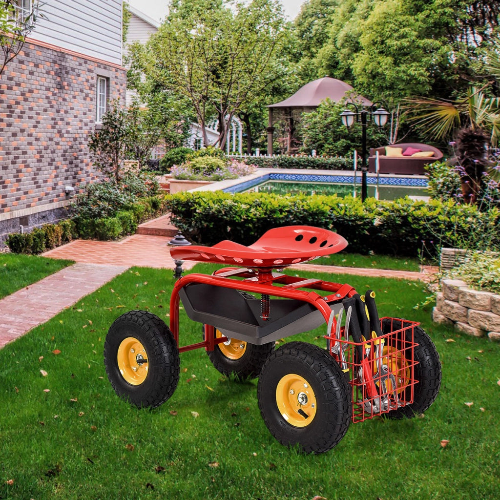 Sgabello da giardino con ruote seduta regolabile in altezza e girevole a 360¡ã cestello, Sedile per giardinaggio Rosso-Attrezzi da giardino