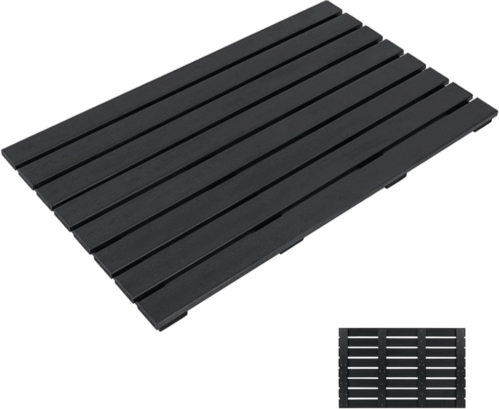 Tappetino doccia antiscivolo, griglia per esterni e interni, 100 x 60 cm, materiale WPC impermeabile e robusto, finitura effetto legno, carico 150 kg, per bagno, piscina, ingresso, nero