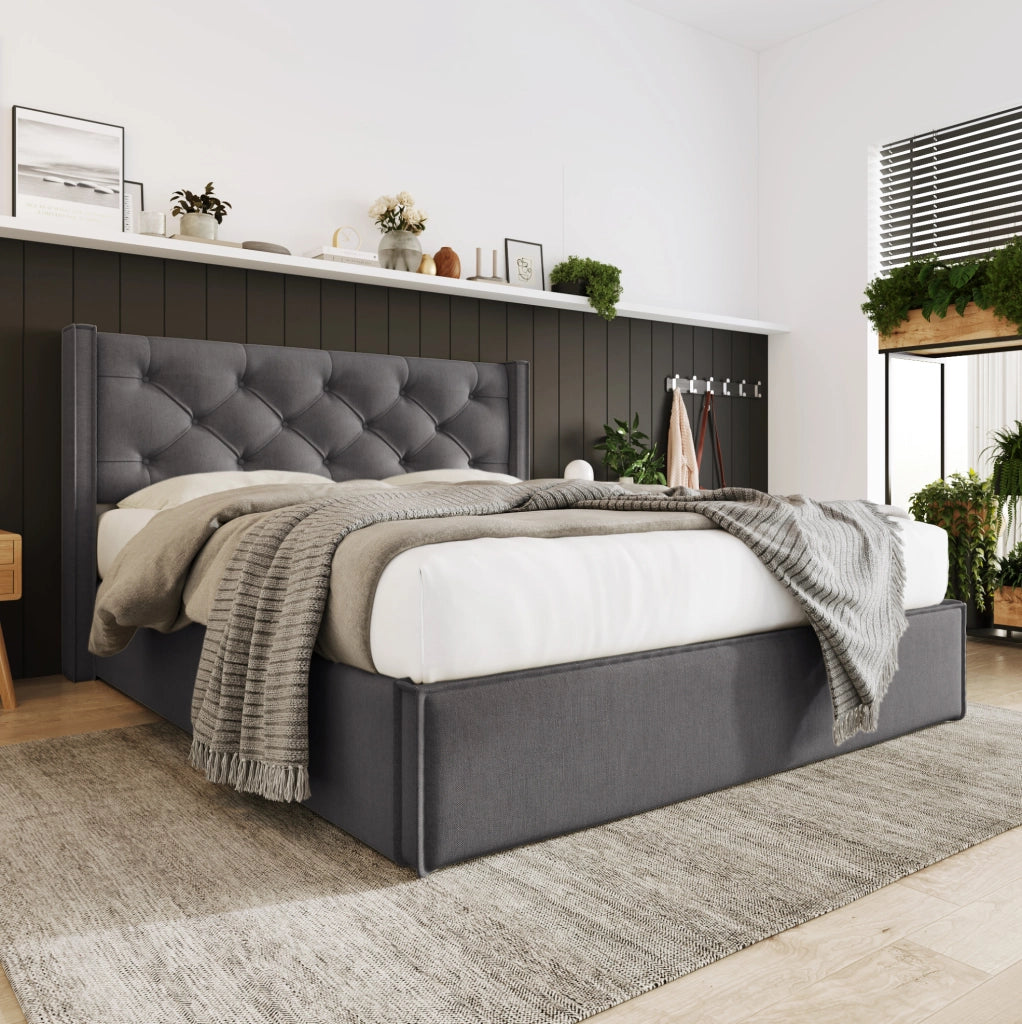 Letto imbottito 140x200 cm con contenitore e rete sollevabile