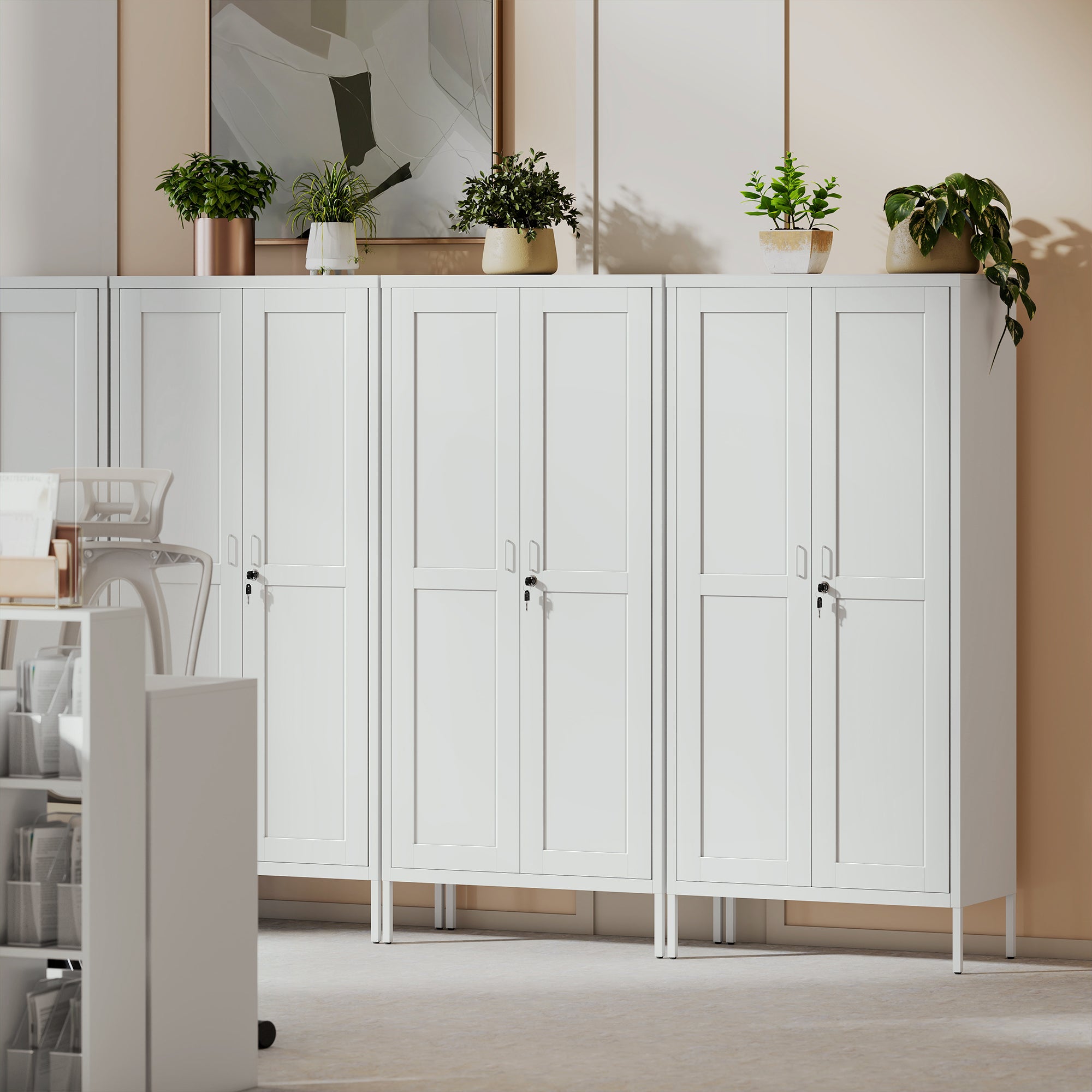 Armadio per Ufficio 80x40x175 cm a 3 Ripiani Regolabili con Serratura e 2 Chiavi in Acciaio Bianco