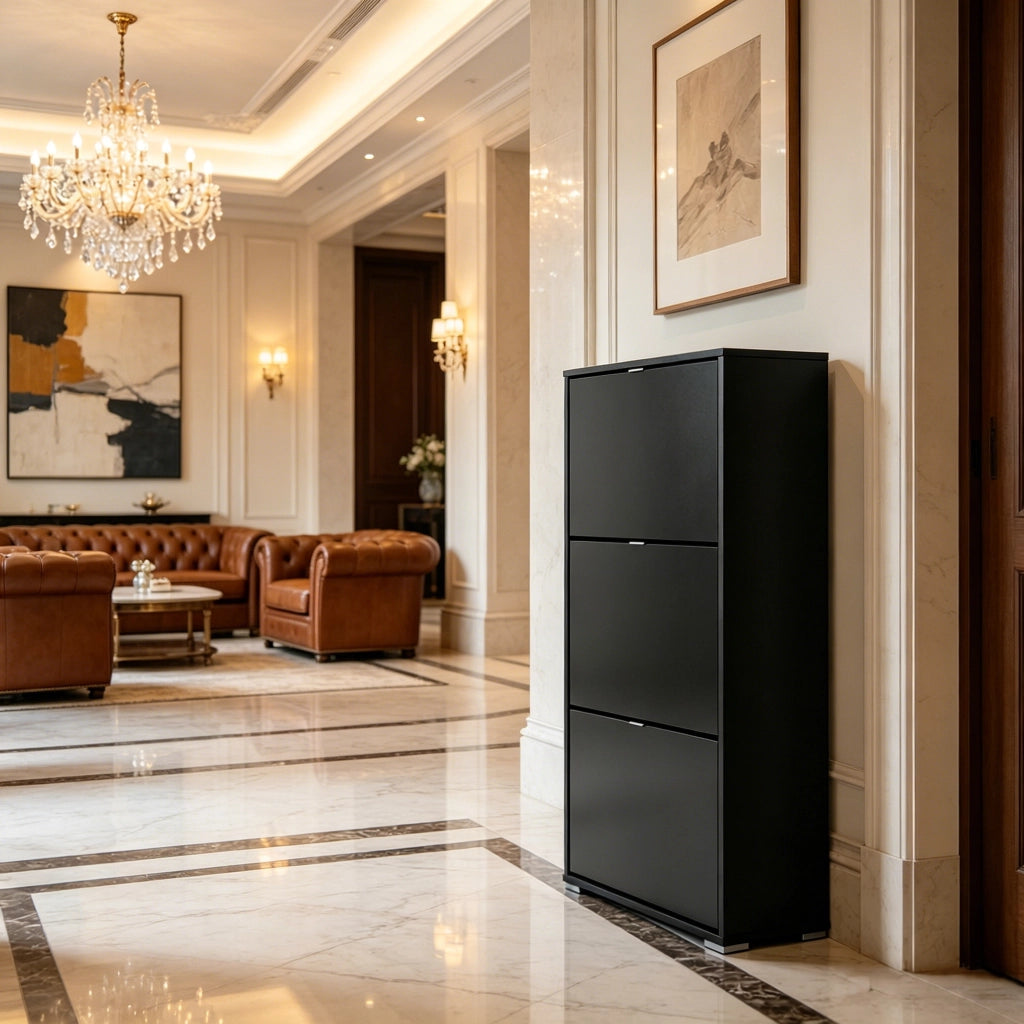 Scarpiera con 3 ante ribaltabili e vani regolabili, per ingresso e camera da letto, in MDF, nero, 60 × 26 × 124 cm