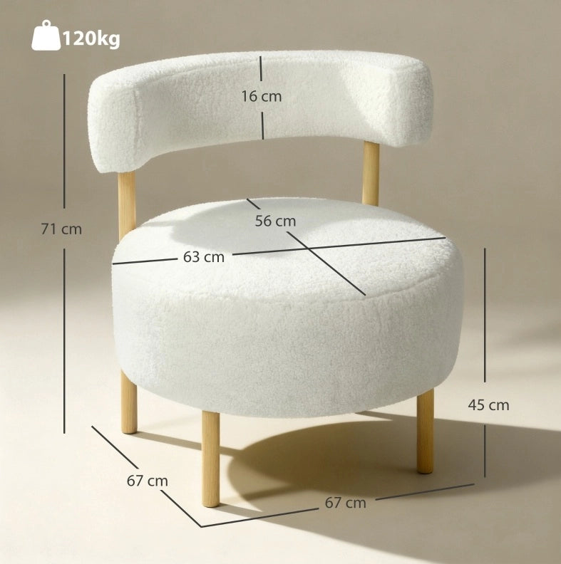 Poltrona lounge in bouclé crema con gambe effetto legno