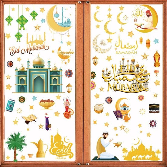 Sticker per finestra Ramadan Eid Mubarak, 121 pezzi decorazione finestra immagine Eid Mubarak, decorazione per finestra Ramadan Eid Mubarak con stella e luna, decorazioni per finestra Ramadan Eid Mubarak, decorazione per finestra musulmana
