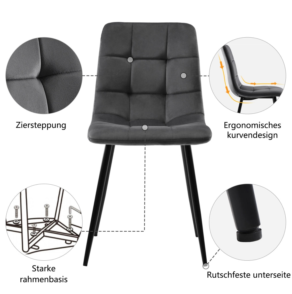 Set di 4 sedie da pranzo in velluto grigio con gambe in metallo