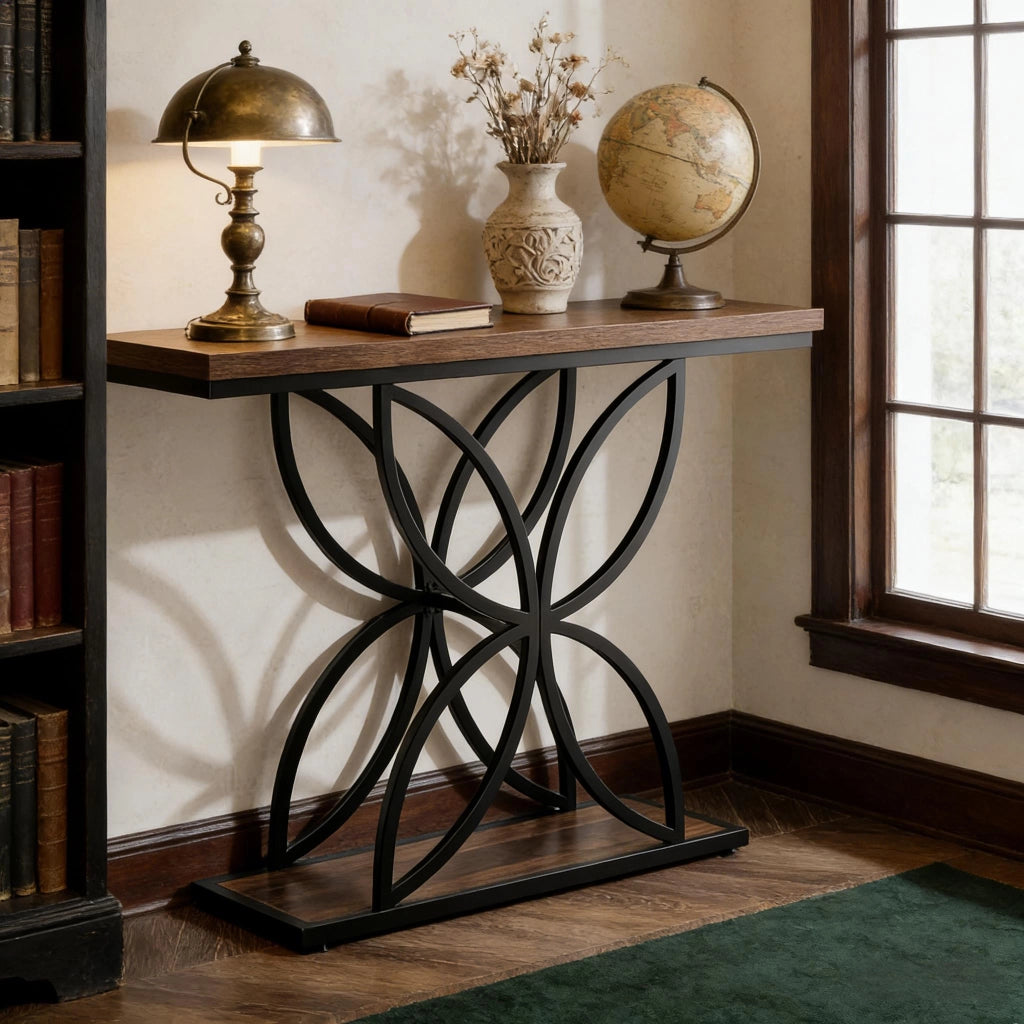 Consolle con base in metallo a farfalla e piano in MDF; stile industriale; per ingresso e soggiorno; 134×36.5×18 cm