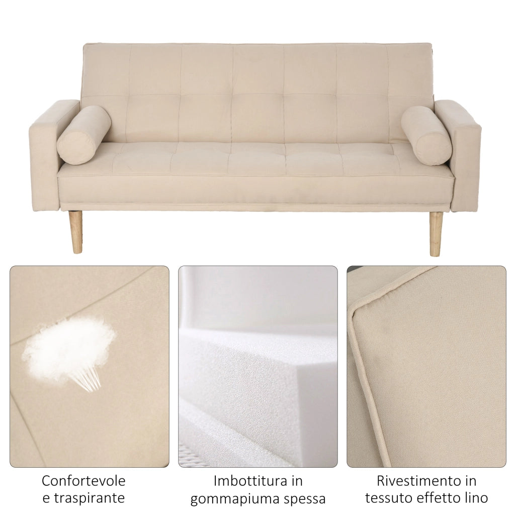 Divano Letto 3 Posti ¨C Zephmum ¨C Tessuto Beige, Schienale Regolabile, Braccioli Rimovibili, 185x84x85cm