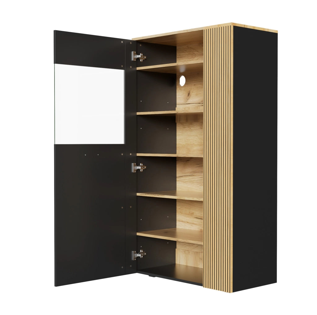 Armadio Moderno in Truciolato con LED a 16 Colori, 3 Ripiani Fissi e 2 Regolabili, Gestione Cavi, Porta in Vetro - 80x40x146 cm, Nero e Legno