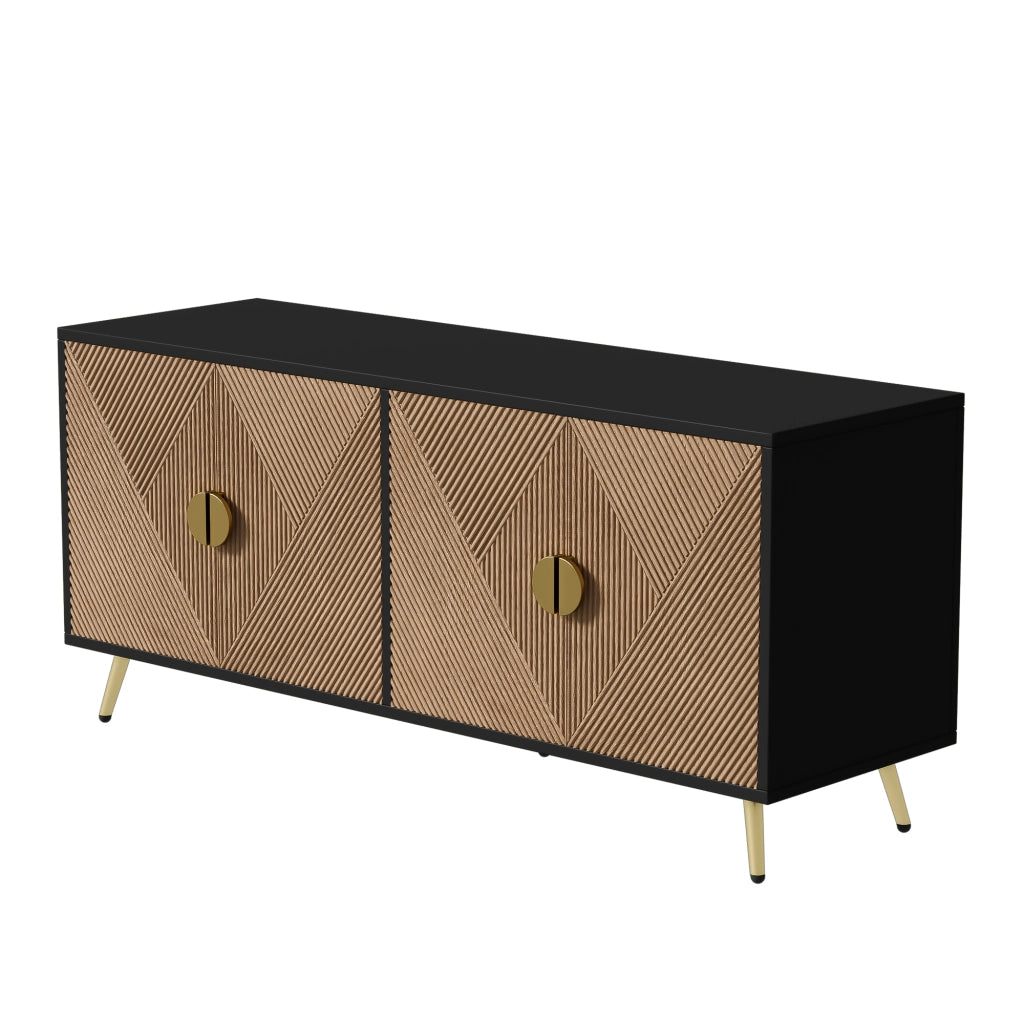 Credenza 160 cm a 4 ante in MDF e PB, nero e effetto legno, con maniglie oro spazzolato e chiusura soft-close