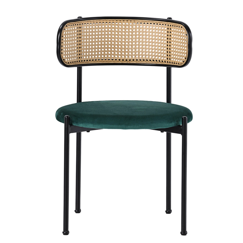 Sedia da pranzo set 4 pezzi in velluto con schienale in rattan e gambe in metallo verde