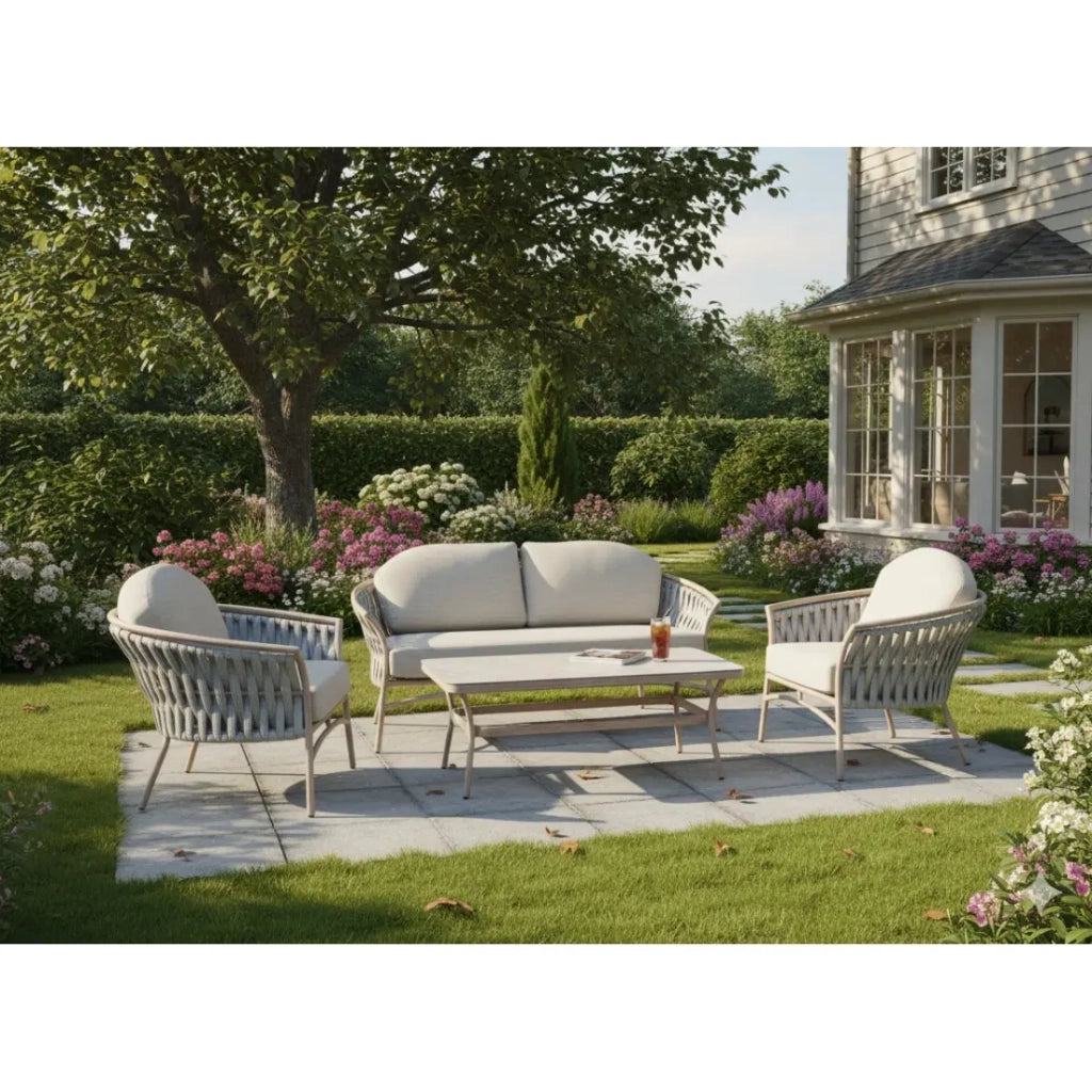 Set da giardino 4 posti in alluminio beige con corda e tavolino – ROTINIA