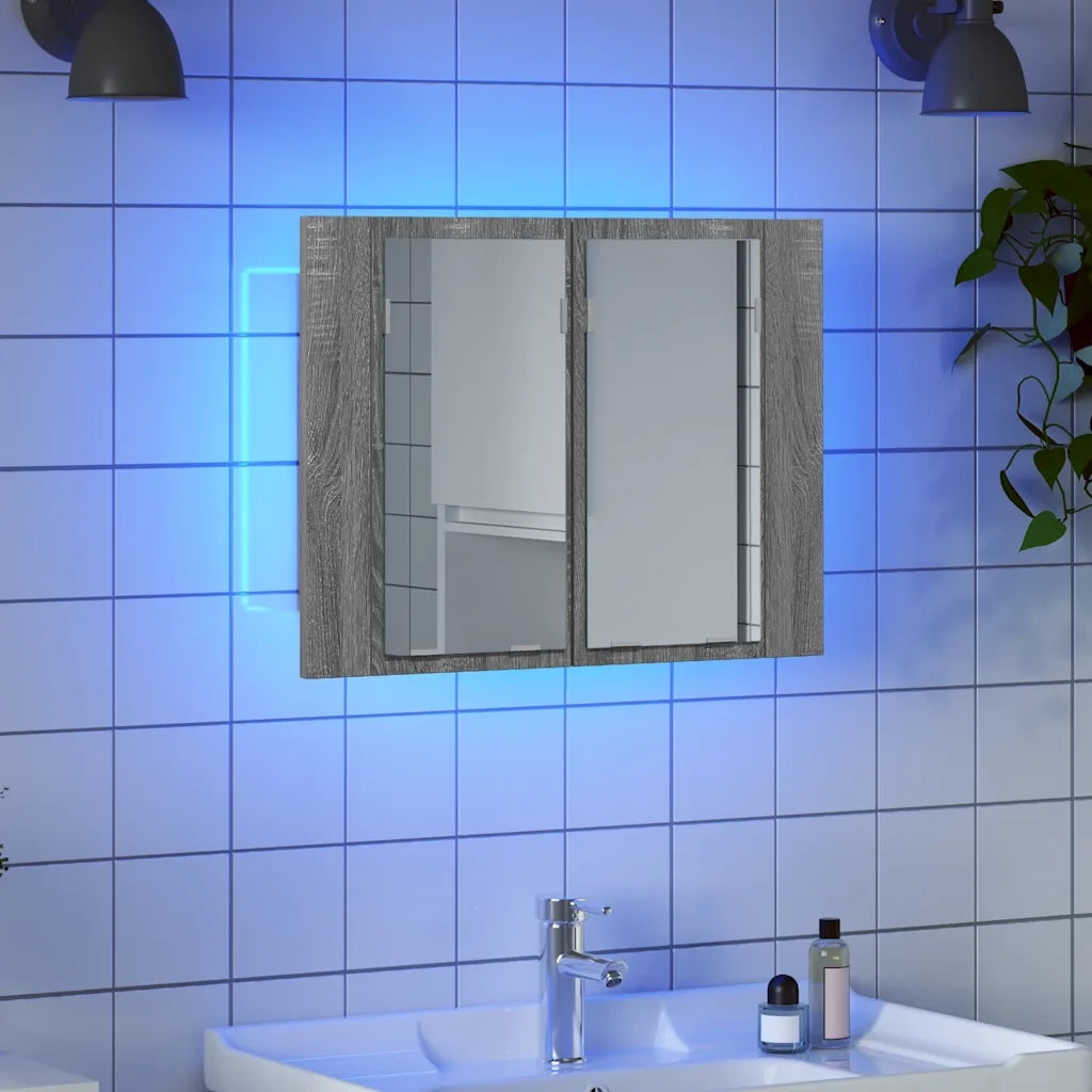 Mobile Specchio LED-Armadietto a Specchio da Bagno Grigio Sonoma 60x12x45cm Legno Multistrato