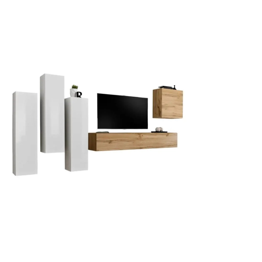 Set di mobili da soggiorno design collezione SWITCH III. Colori bianco lucido e quercia Wotan.