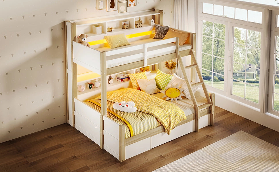 Letto a castello 90 × 200 cm e 140 × 200 cm con LED, scomparti, cassetto, senza materasso, pino bianco e naturale
