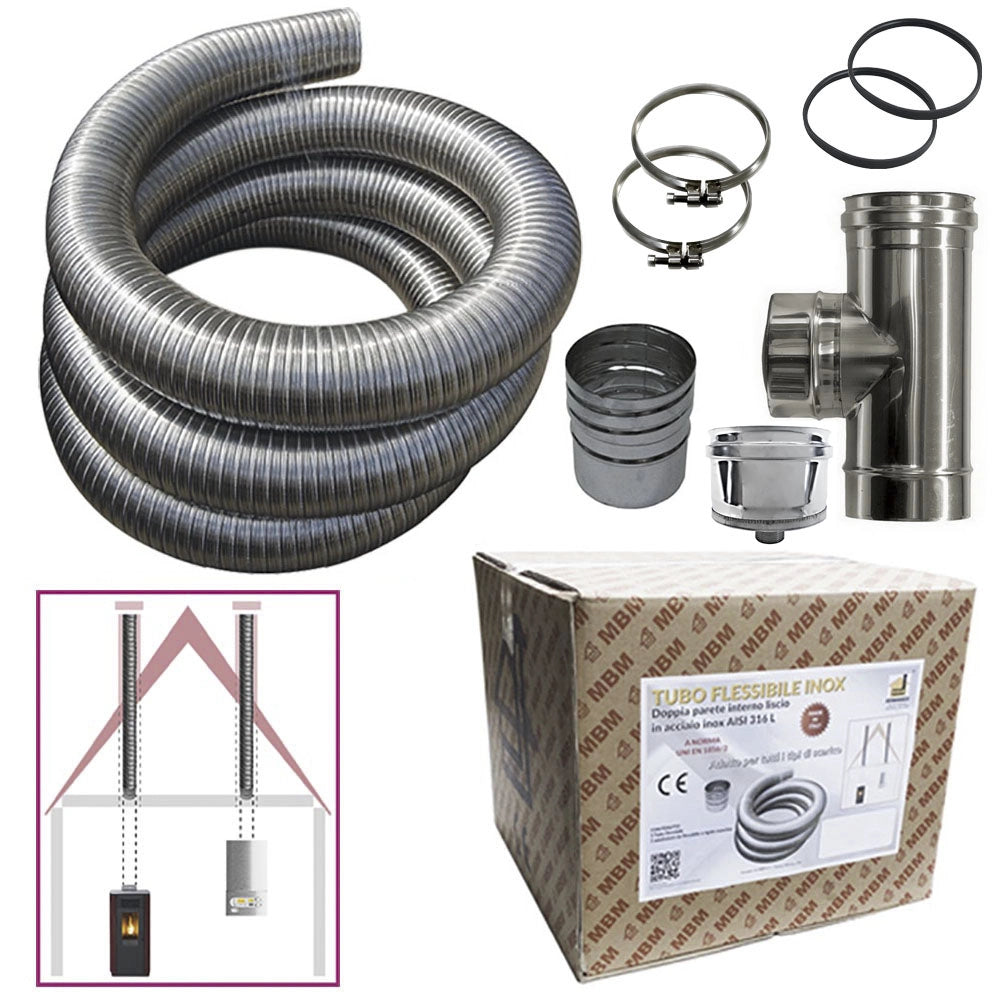 Kit tubo acciaio inox 316 flessibile 3 mt diametro 60 mm interno liscio a norma CE EN 1856 2 canna fumaria