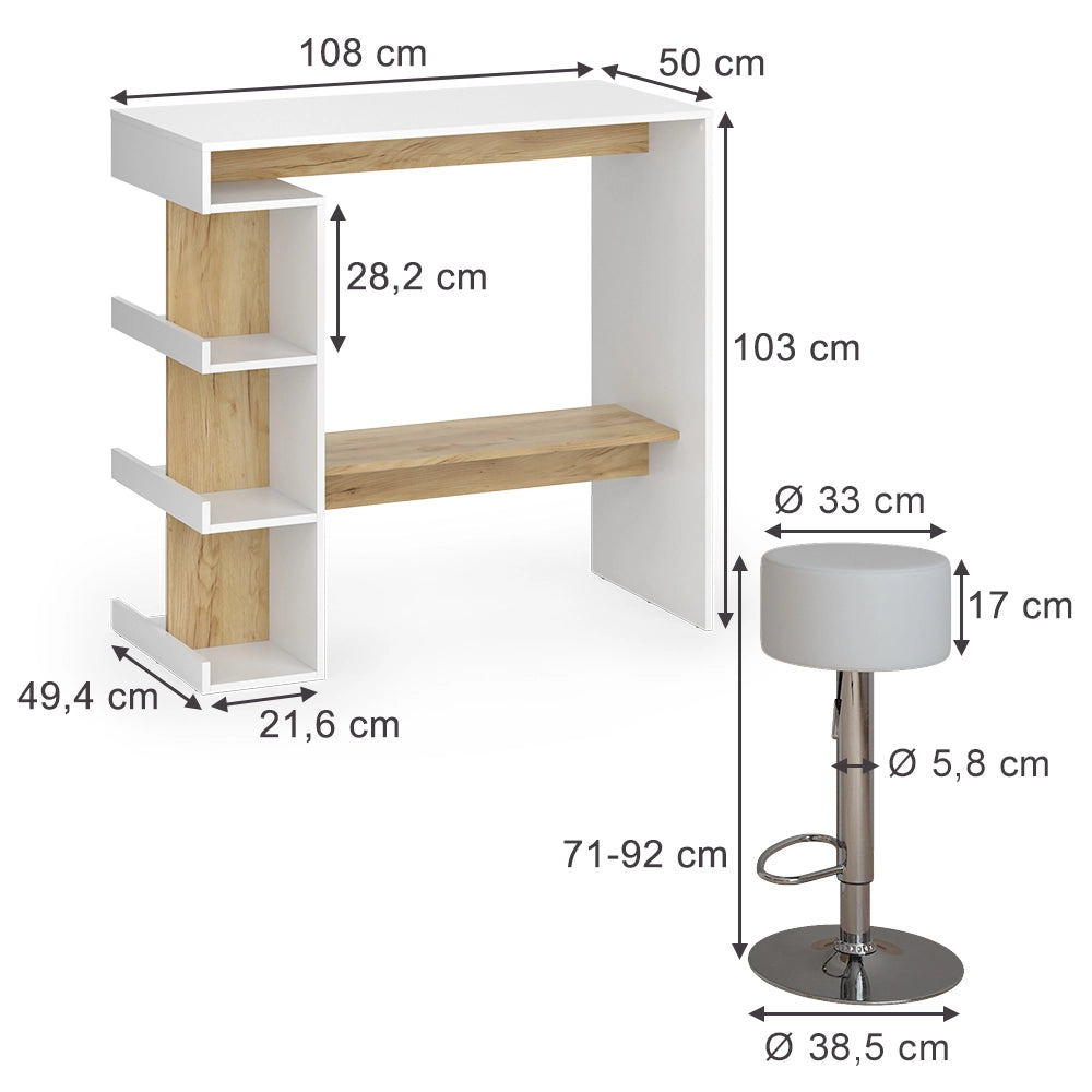 Vicco tavolo bar con sgabelli Rovere bianco/dorato 108 x 50 cm con 2 sgabelli da bar