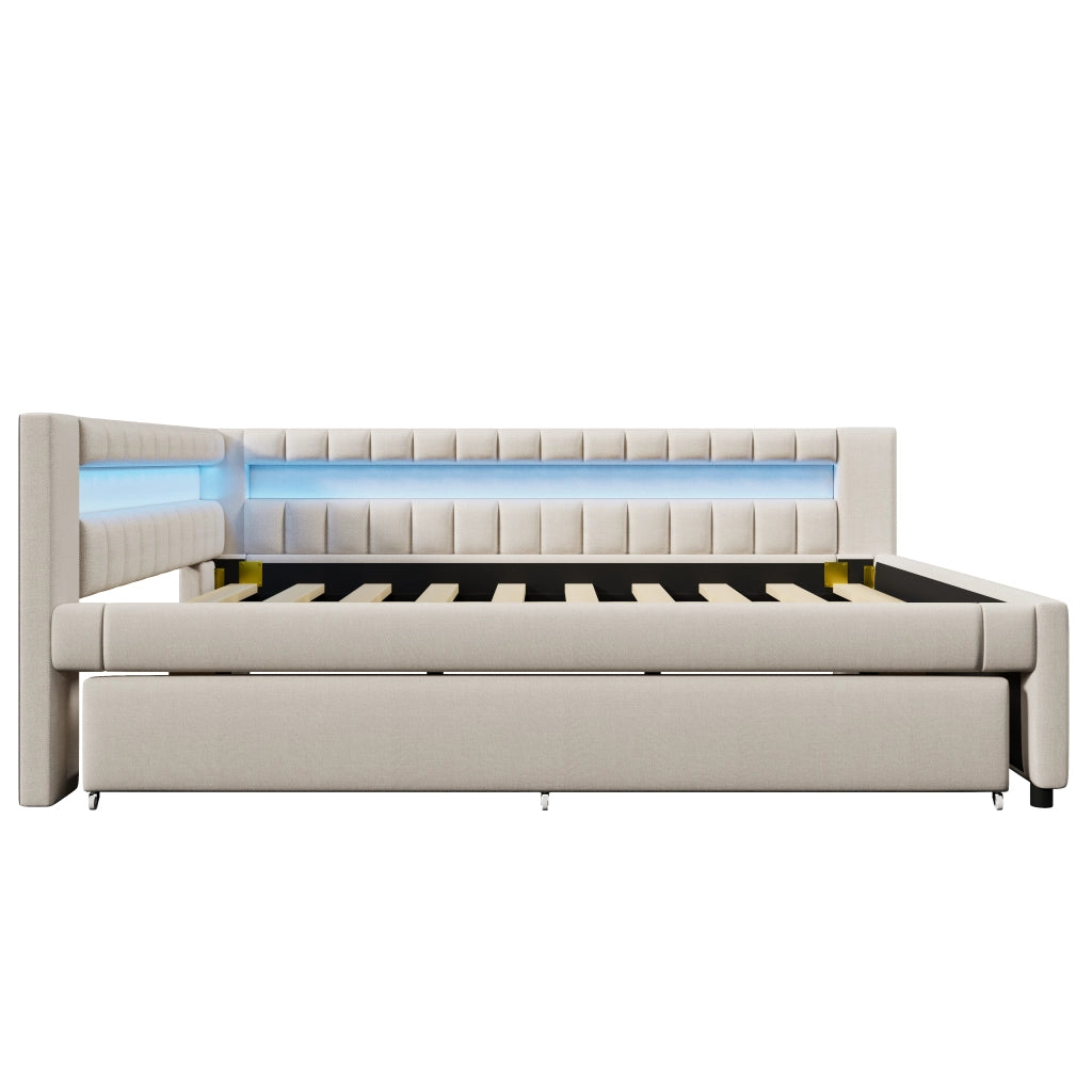 DESMIU Divano Letto 140 × 200 cm 2 posti con letto estraibile, LED, USB, Type-C, senza materasso, beige