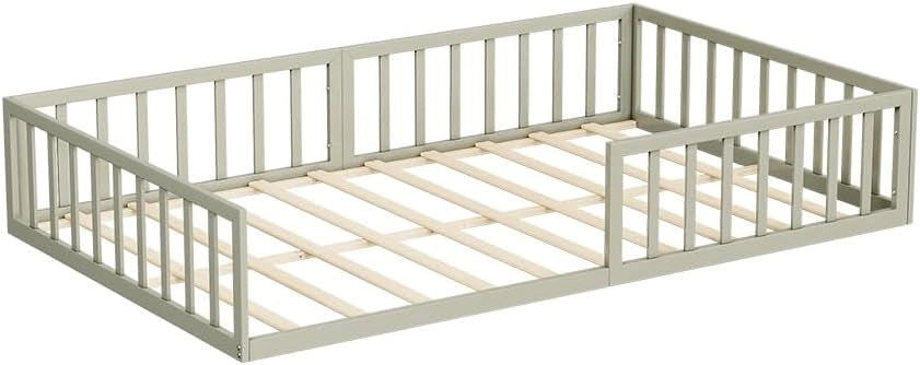 Letto a pavimento Minno 120x200, letto bambini in metallo, letto Montessori con protezione anticaduta, bassa altezza d’ingresso, greige