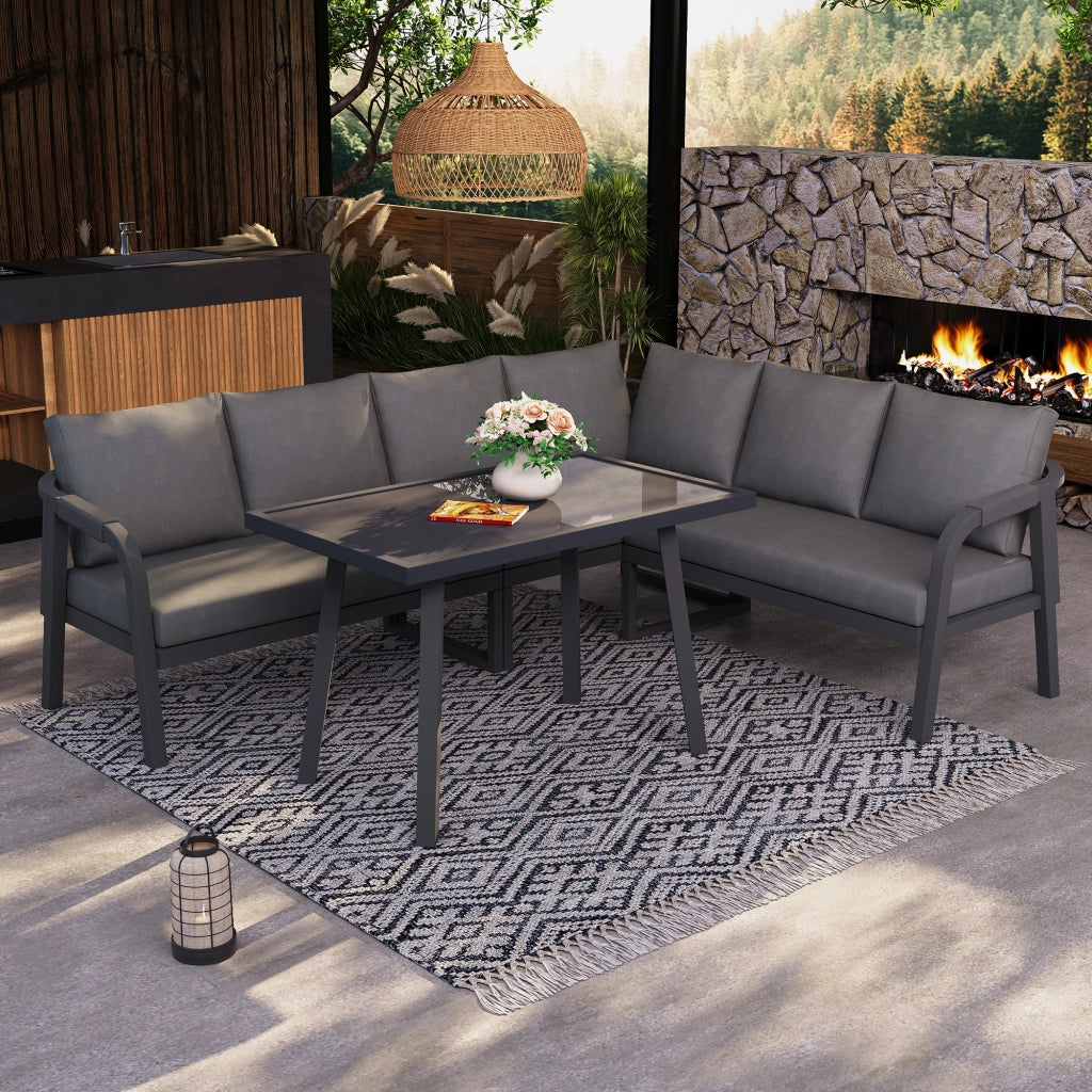 Set da Giardino con Divano ad Angolo e Tavolo, 6 Posti ¨C Xylo ¨C Polyrattan Grigio, Acciaio Zincato