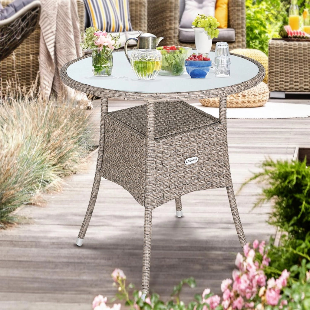 ® Tavolo Rotondo da Giardino Polyrattan Ø 60 Piano in Vetro 5mm Altezza Regolabile Tavolino Terrazza Balcone