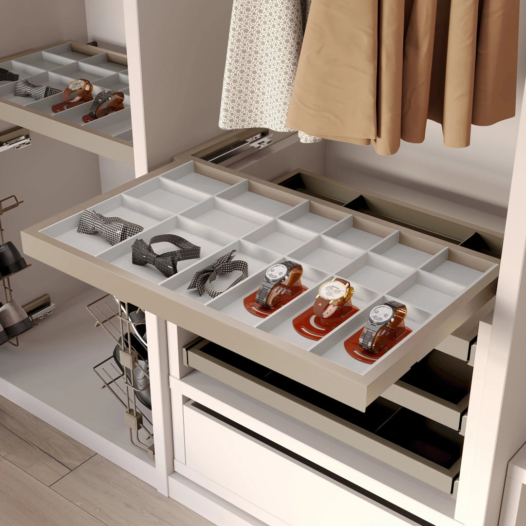 Kit Cassetto Organizzatore e Telaio per Armadio 600 mm in Alluminio e Plastica Emuca Grigio Pietra