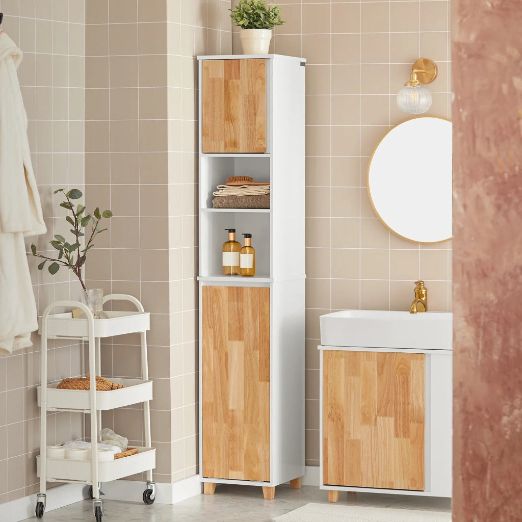 Mobile colonna bagno con portabiancheria e Mobiletto stretto salvaspazio ad anta singola. Colore Bianco-Naturale L31*A170*P32 cm BZR74-W SoBuy