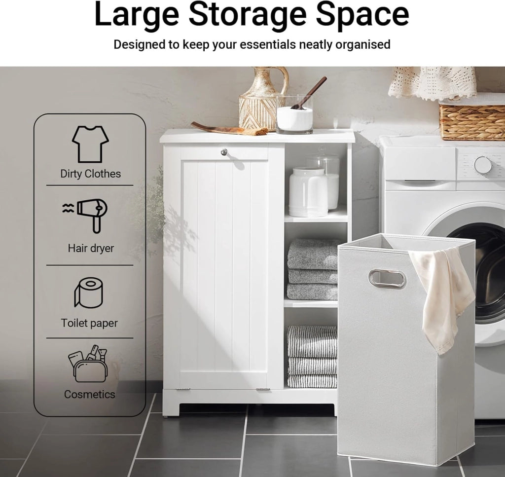 Mobiletto da Bagno con Sacco per Biancheria – Mobile con Cesto a Ribalta e 3 Ripiani – Mobile Salvaspazio, Arredo Bagno in Legno per Spazi Ridotti, Bianco, 60x86x37cm, BZR105-W