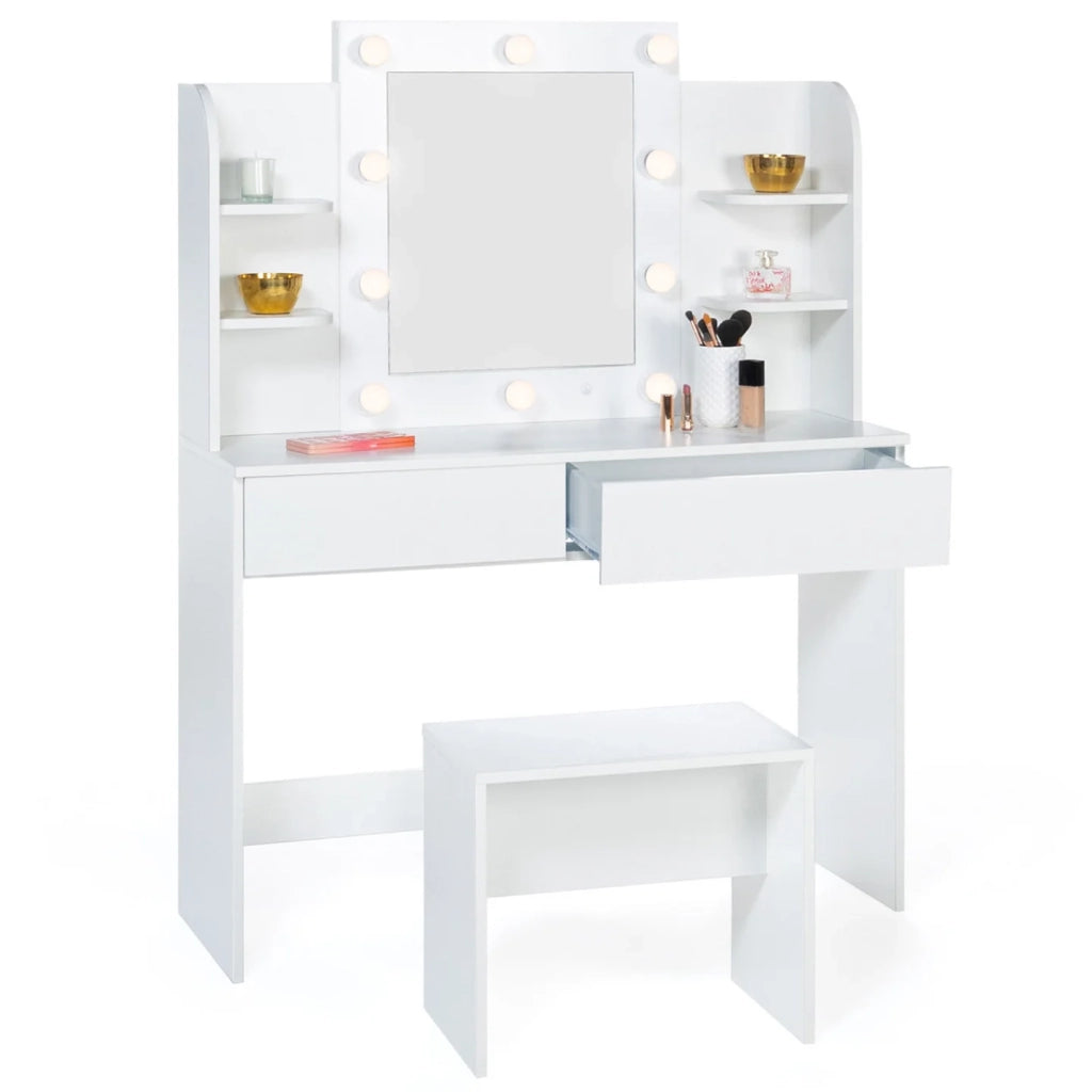 IDMarket - ZELIA tavolo da toilette bianco con 4 ripiani, specchio LED e sgabello