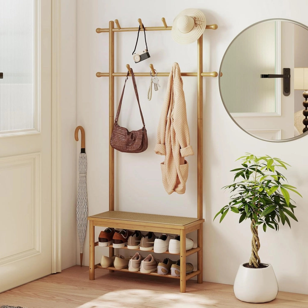 3 in 1 Appendiabiti da Terra in Bambù, Appendiabiti Salvaspazio con Scarpiera a 2 Ripiani, Panca in Rattan PE e 11 Ganci Arrotondati, Mobile Ingresso, 71 x 30 x 169,5 cm (Naturale)
