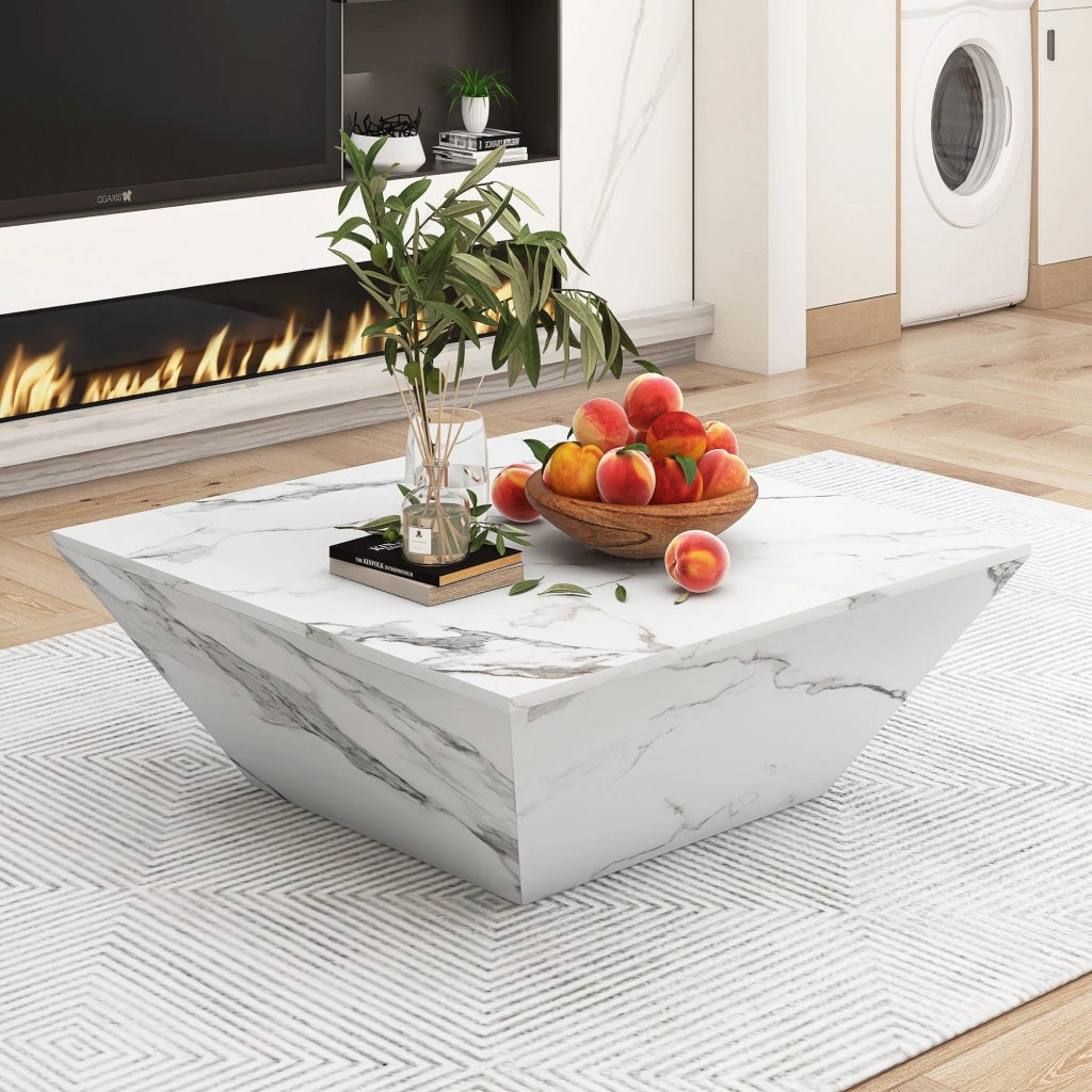 Tavolino basso trapezoidale con 2 cassetti e vani contenitore, in MDF marmorizzato, bianco, 70 × 70 × 37 cm