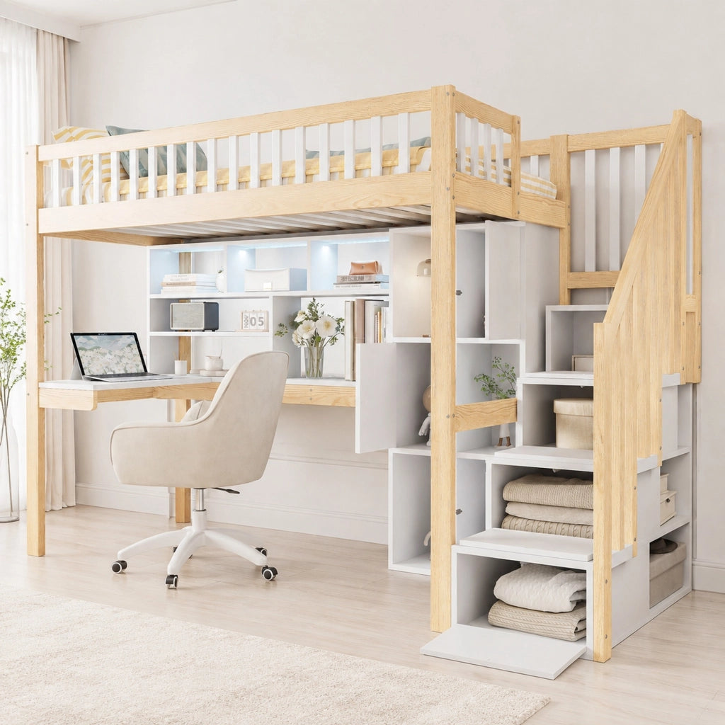 Letto a soppalco 90x200 cm con scrivania, LED e scala contenitore