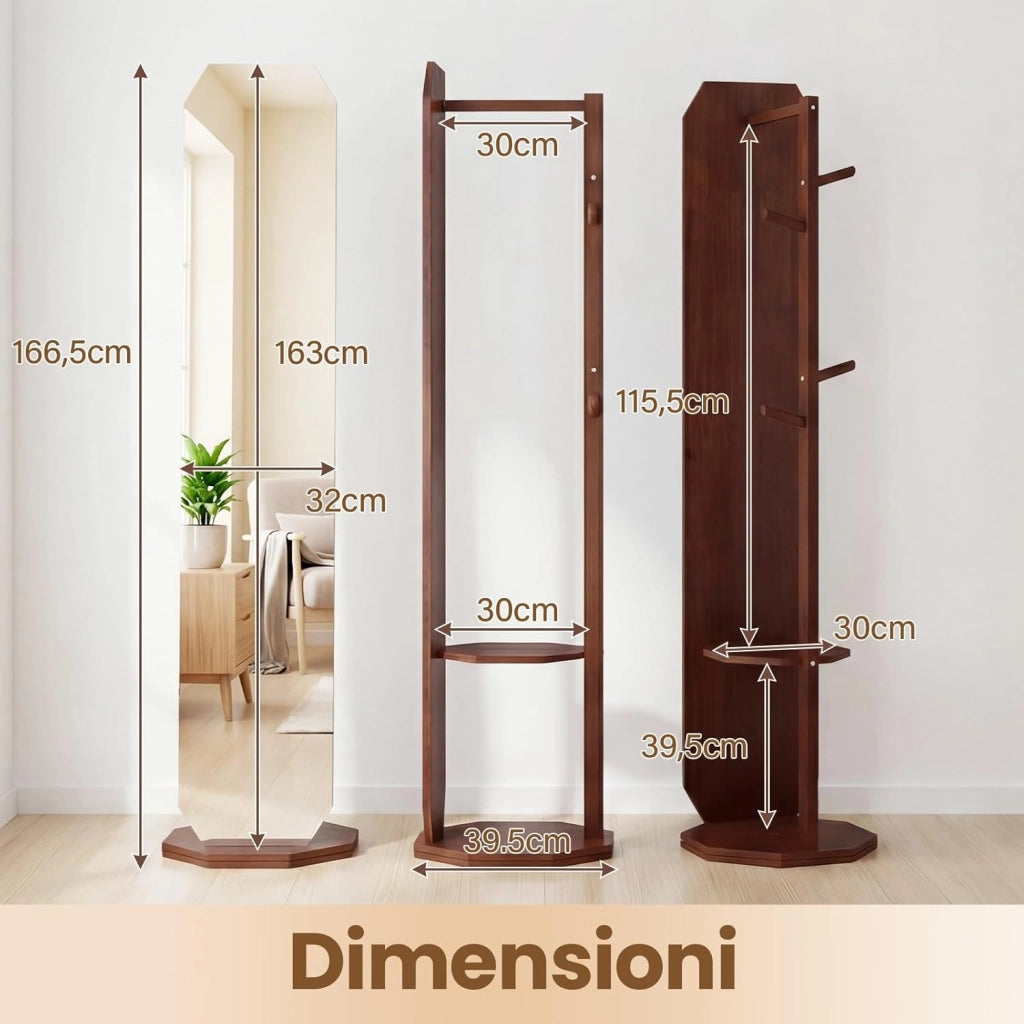 Appendiabiti Girevole a 360° con Specchio, Specchio a Figura Intera da Terra con Ripiani e Ganci, Appendiabiti per Soggiorno, Camera da Letto e Guardaroba (Stile 1)