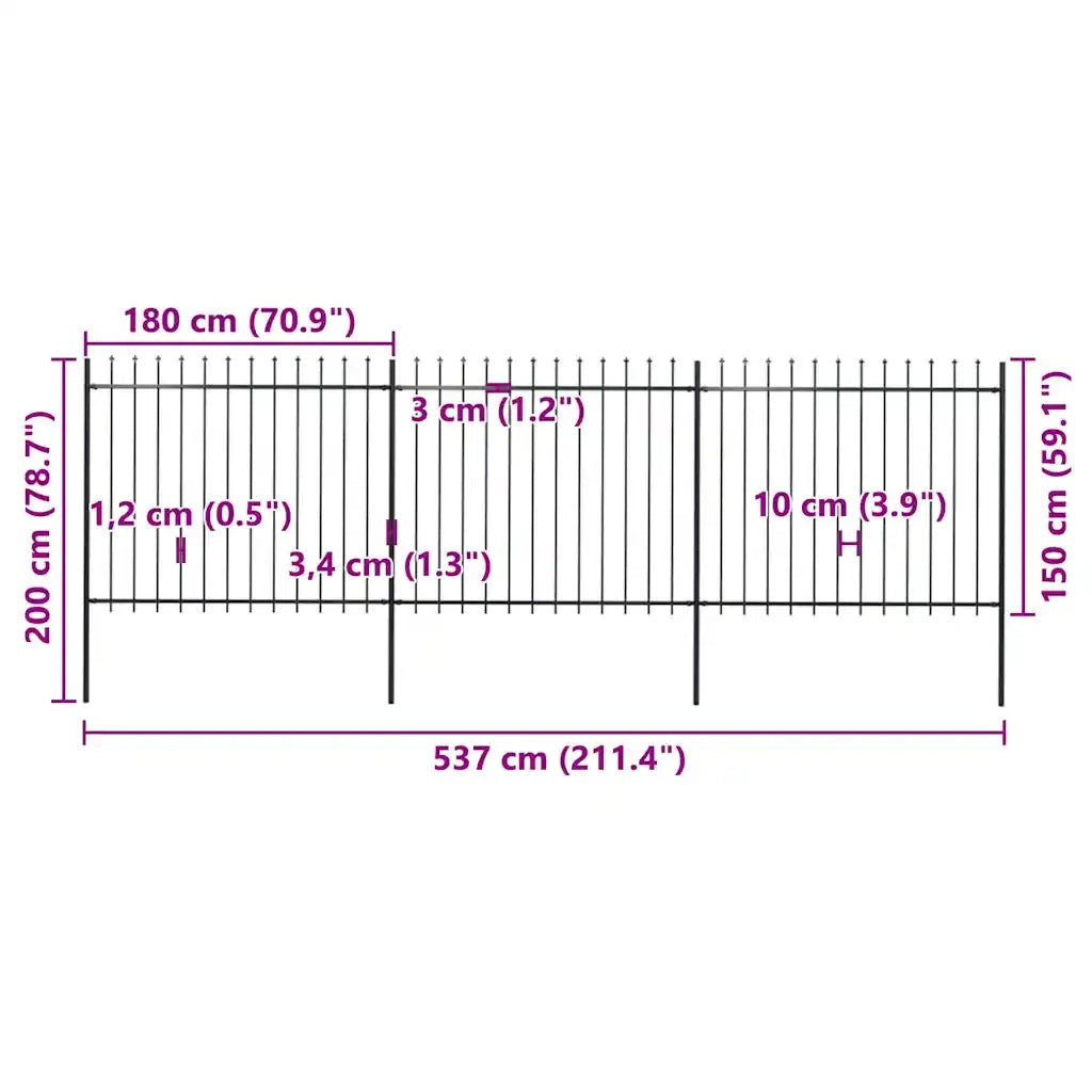 Recinzione Giardino con Punta a Lancia in Acciaio 5,1x1,5m Nera cod mxl 9357