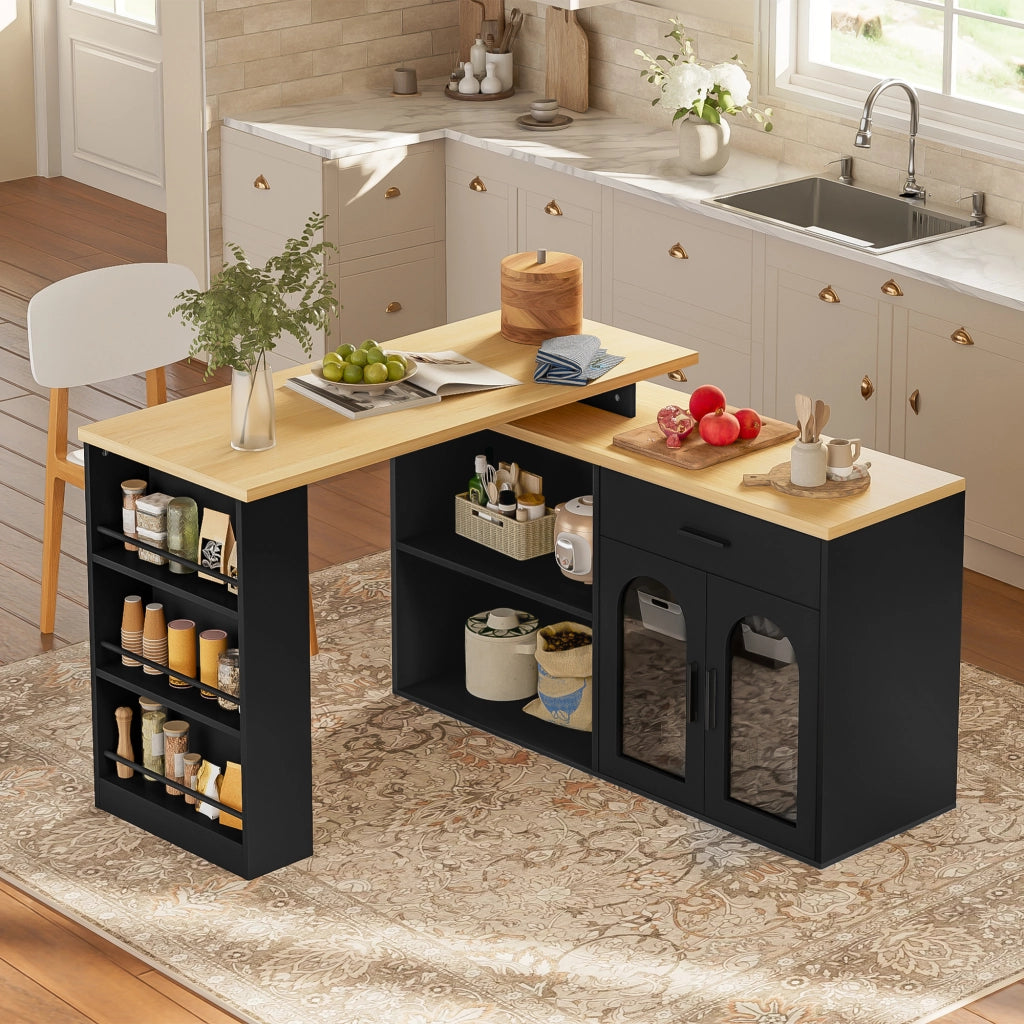 Isola da cucina con piano girevole 360°, mobile contenitore, scrivania e credenza con ripiani, Nero/Naturale