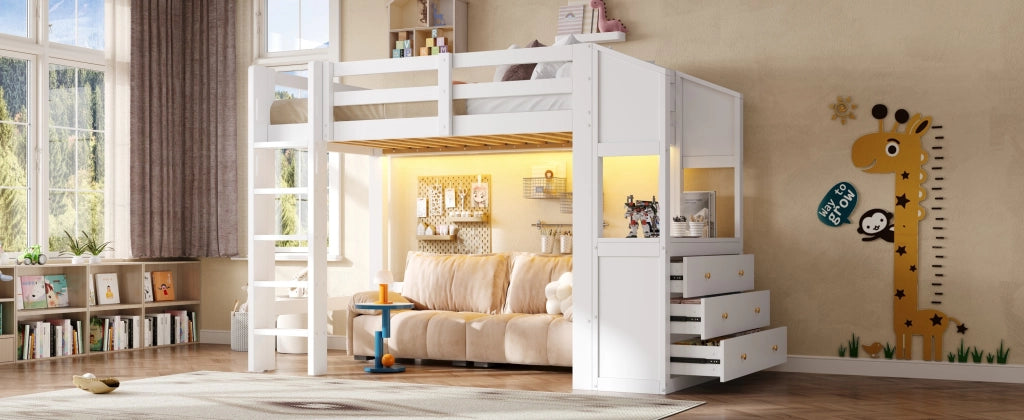 Letto a soppalco 90 × 200 cm con 3 cassetti, ripiani e LED regolabile, senza materasso, bianco