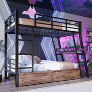 Letto a Castello con LED e Scrivania – Xylo – 90x200cm, Ferro, Cassetti, Paracolpi, Scaletta, Nero, Senza Materasso