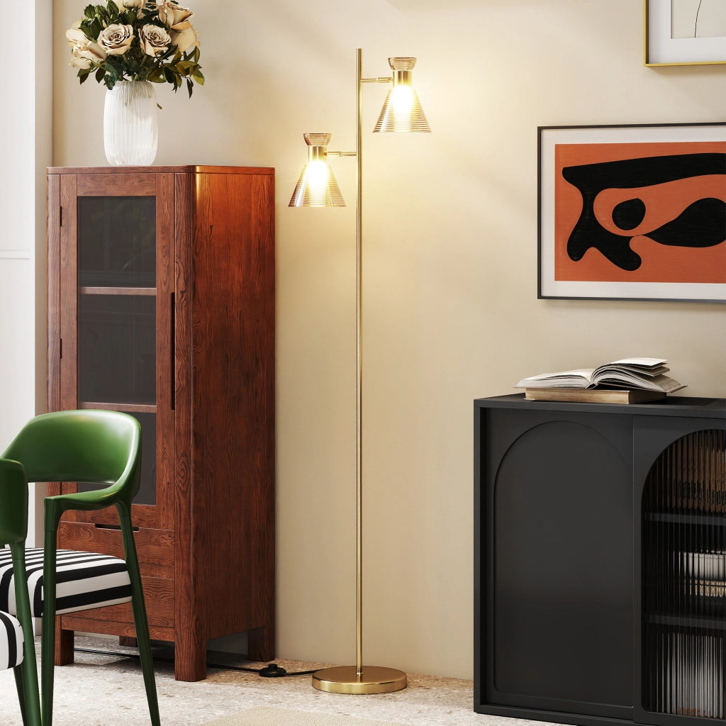 Lampada da Terra Moderna con 2 Luci Orientabili Interruttore a Pedale Oro