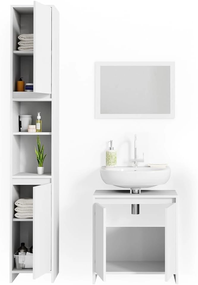 Set di mobili da bagno Emma, Bianco, 58 cm, composto da mobile sottolavabo, specchiera e colonna alta