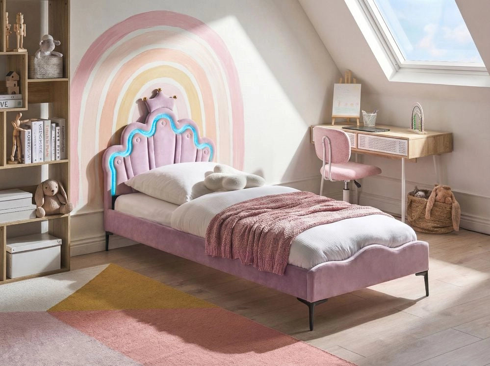 Letto singolo con LED in velluto viola con base a doghe 90 x 200 cm  cameretta Moderna Tradizionale