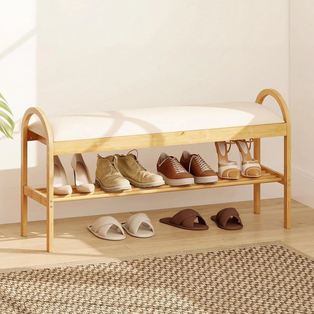 Scarpiera con Cuscino, Panca Porta Scarpe con Coperchio Imbottito a Ribalta, Scomparto Nascosto, Panca Imbottita per Ingresso Corridoio Camera da Letto, 101 x 31 x 51 cm (Beige)