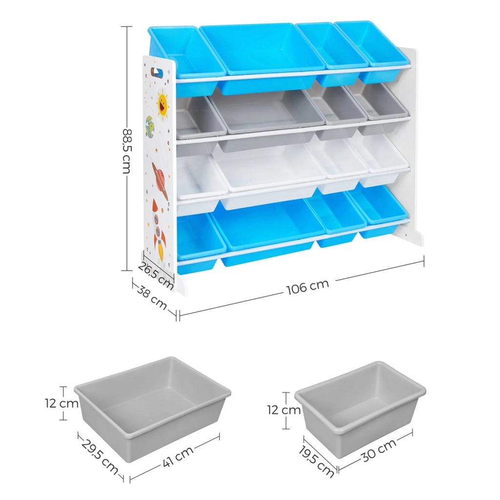 Scaffale porta giocattoli mobiletto portaoggetti per bambini organizer con 16 contenitori porta giocattoli in plastica rimovibili bianco e blu 12_0005798