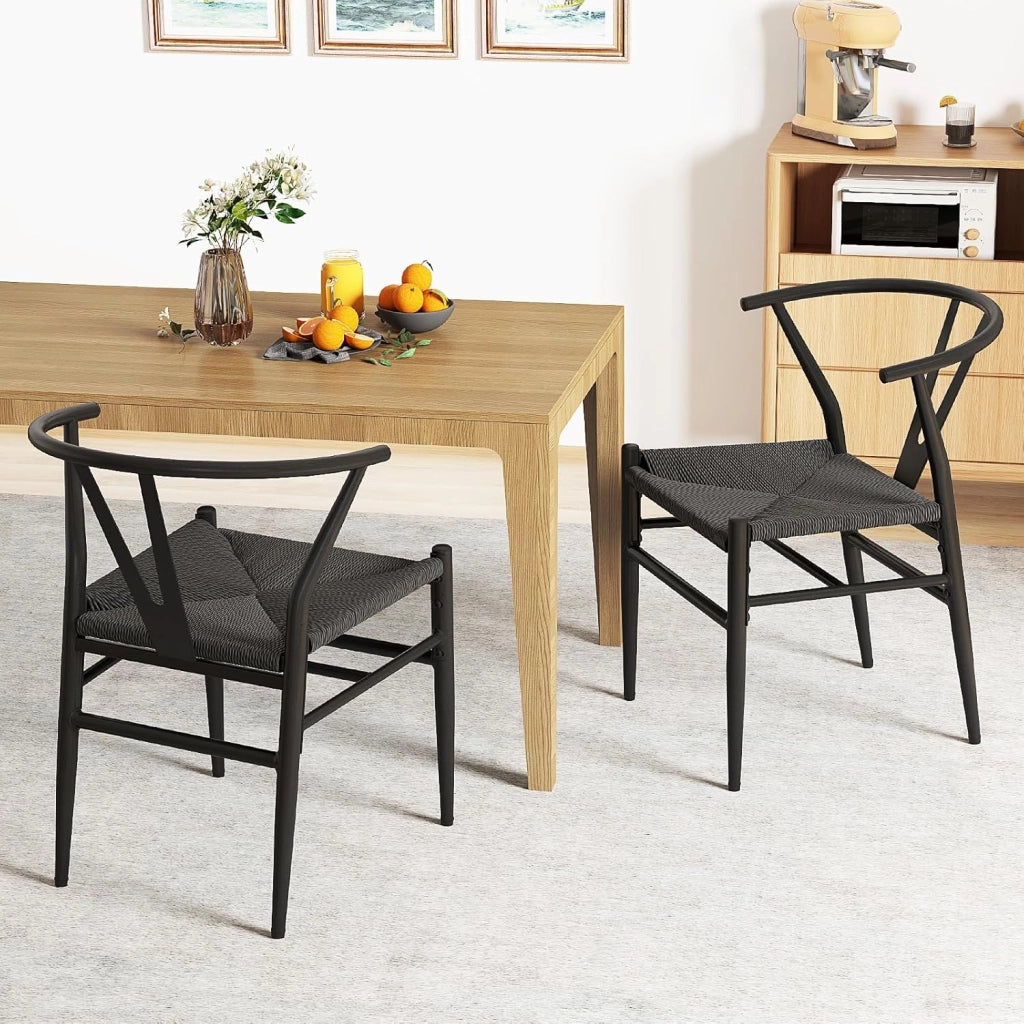 Set di 2 sedie da pranzo impilabili, da cucina, da soggiorno, con schienale e ampia seduta in rattan, portata 150 kg, con gambe in metallo, set di sedie 54 x 59 x 73 cm