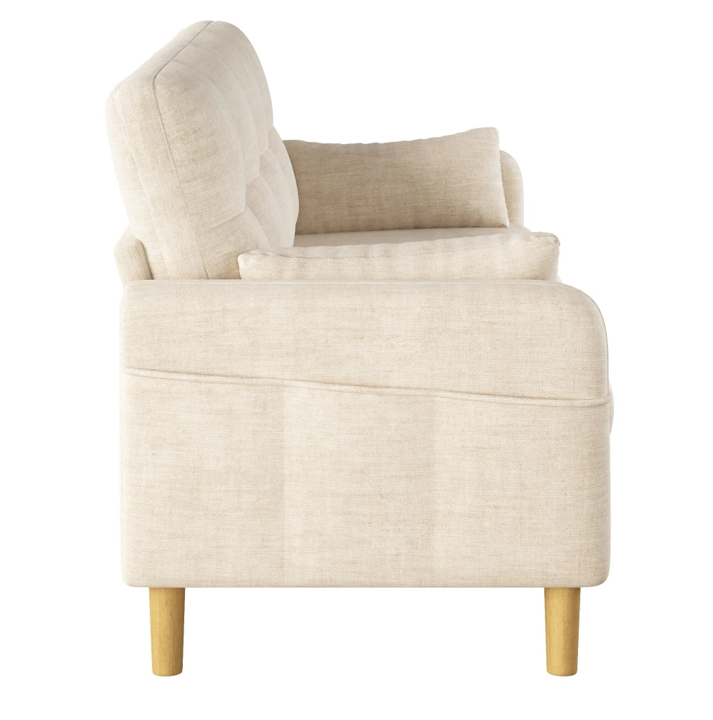 Divano a 2 posti in chenille beige con 2 cuscini; tasca laterale e schienale alto 119x78x85 cm