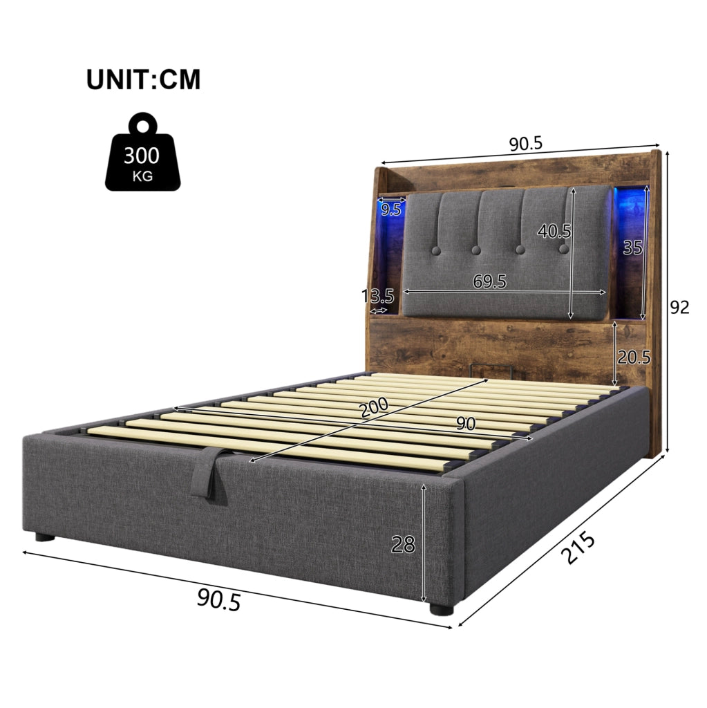 Letto imbottito 90x200 cm con ricarica USB e Type-C; LED e contenitore in lino e MDF
