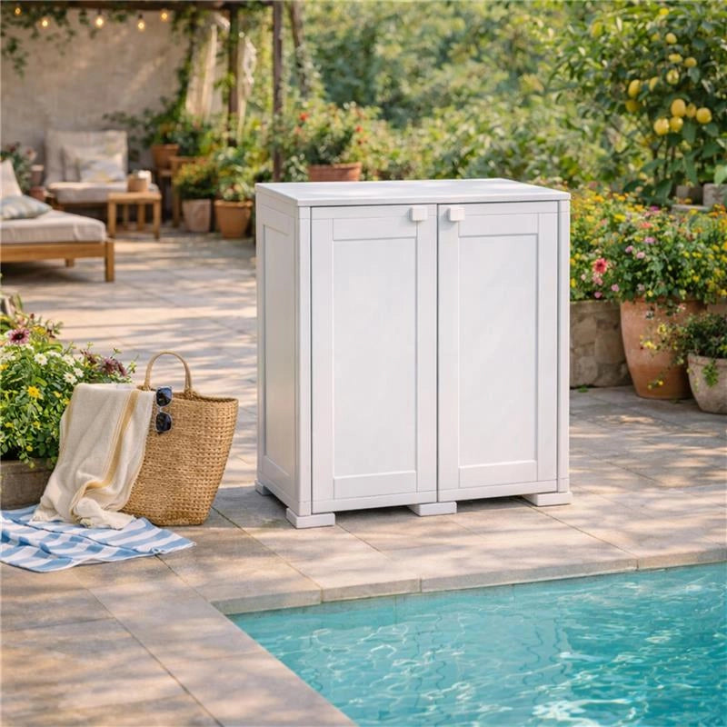 ARMADIO BASSO  79X43X85.5 CM 2 ANTE GRIGIO OMNIMODUS SIMPLEX – MOBILE CONTENITORE COMPATTO PER LAVANDERIA, GARAGE E BALCONE