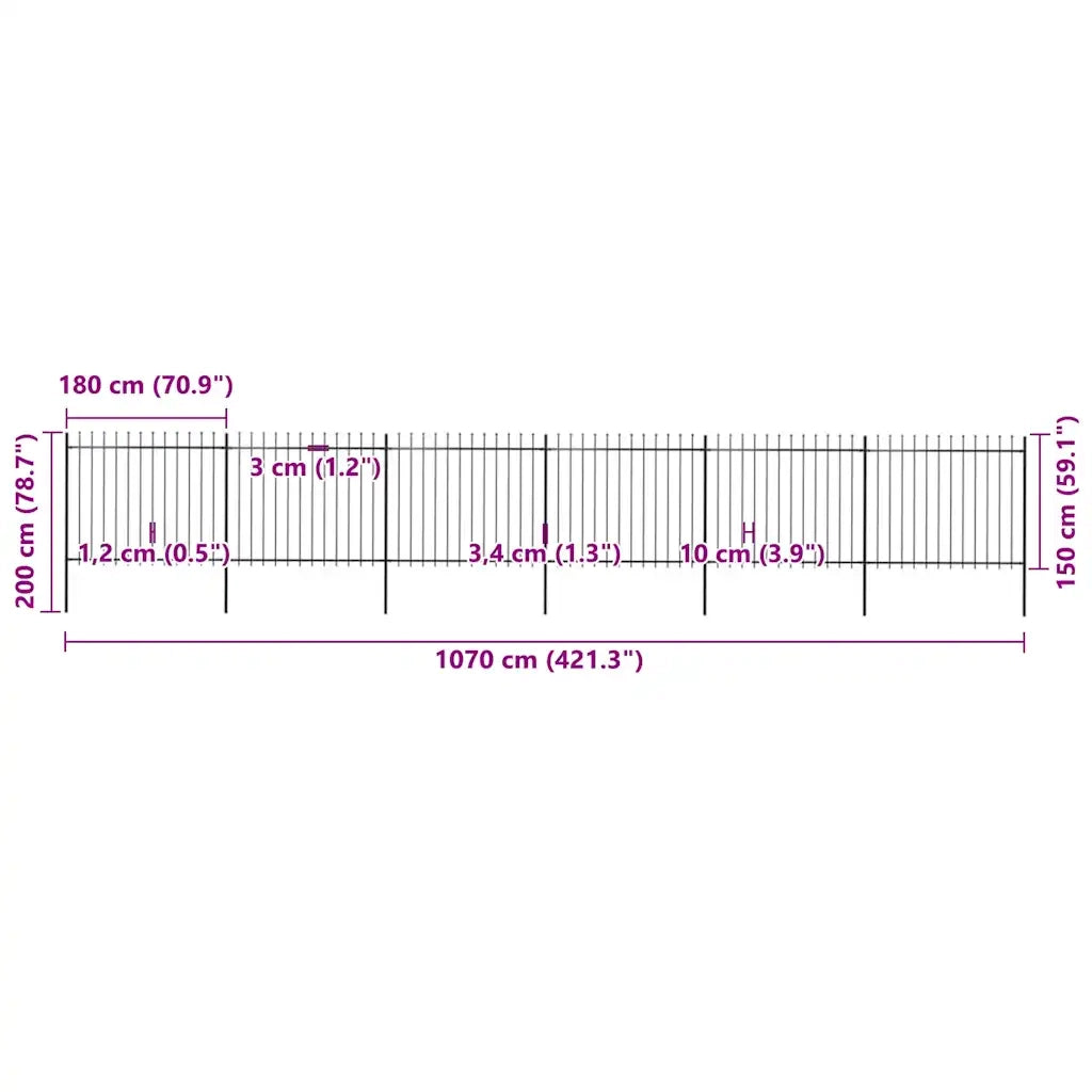 Recinzione da Giardino con Punta a Lancia in Acciaio 1070x150 cm Nero 277634