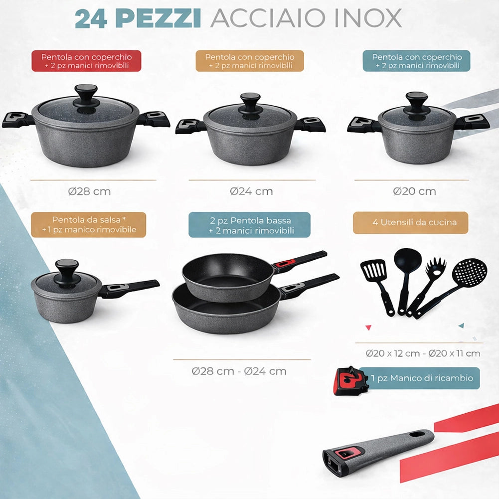 Set 24 Pezzi Batteria di Pentole Manici Removibili Rubino Suprem in Alluminio Pressofuso Grigio