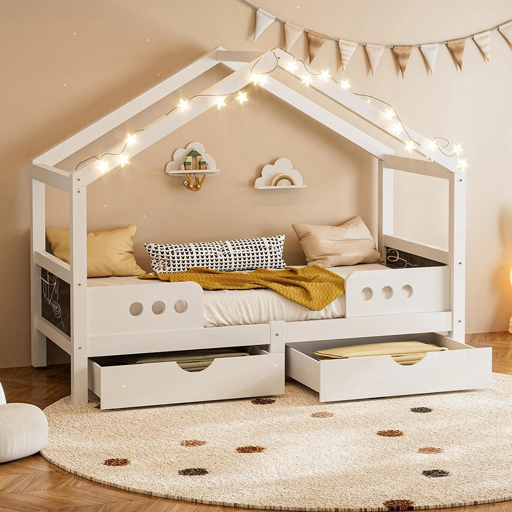 Letto bambino con tetto?- Xylo - 90x200cm 2 cassetti legno